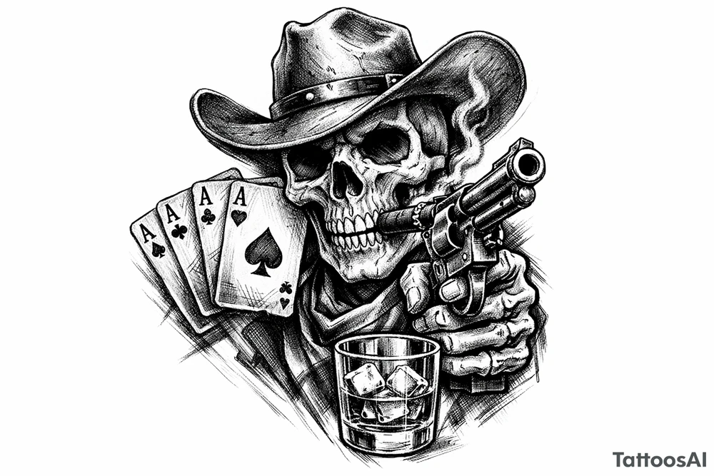 skull with cowboy-hat and cigar in his mouth,a gun in a hand,playing cards,whiskey-glass. tattoo idea