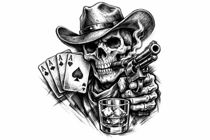 skull with cowboy-hat and cigar in his mouth,a gun in a hand,playing cards,whiskey-glass. tattoo idea