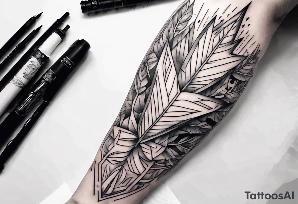 full arm tattoo. pointy leaves combined with geometric shapes. whole arm tattoo idea