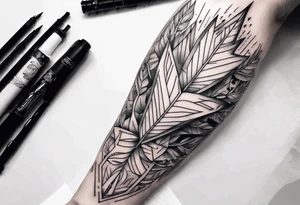 full arm tattoo. pointy leaves combined with geometric shapes. whole arm tattoo idea