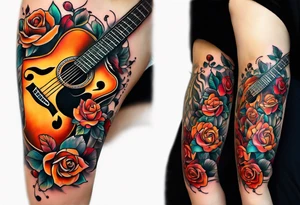 thigh tattoo with fall colors, music notation, flowers, roses and a guitar tattoo idea
