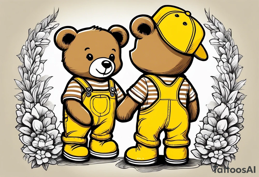image of the back of a light brown teddy bear standing in yellow overalls, striped tank top and wearing boots and holding the hand of a little girl tattoo idea