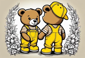 image of the back of a light brown teddy bear standing in yellow overalls, striped tank top and wearing boots and holding the hand of a little girl tattoo idea