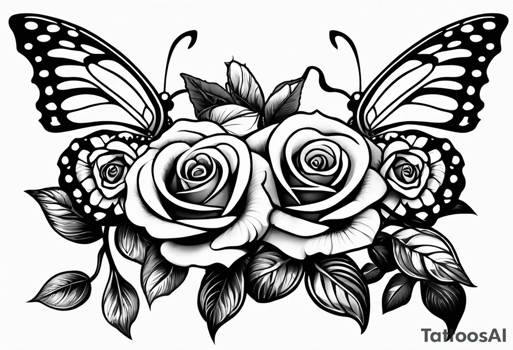 Roses on a stem with thorns, butterfly wings in the center tattoo idea