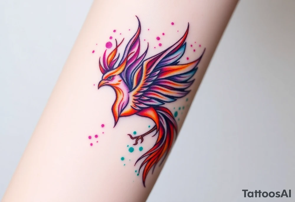 Phoenix with blazing flames with purple, orange, teal and green splashes tattoo idea
