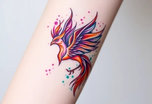 Phoenix with blazing flames with purple, orange, teal and green splashes tattoo idea