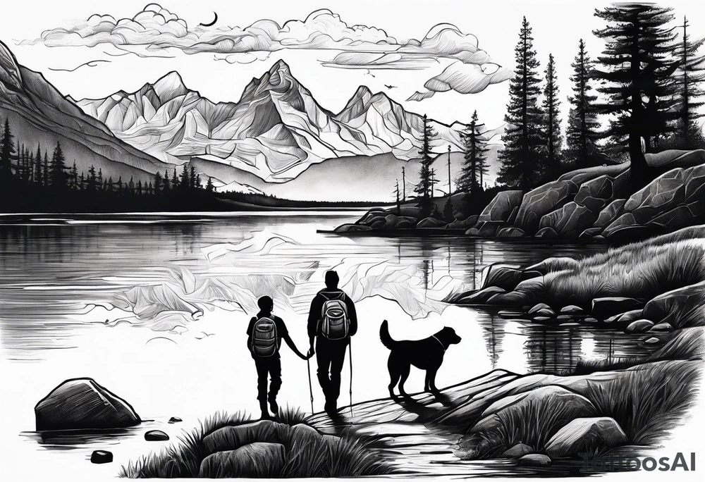 nature, sunset, mountains, a father and son hiking with their dog and cat by the water tattoo idea