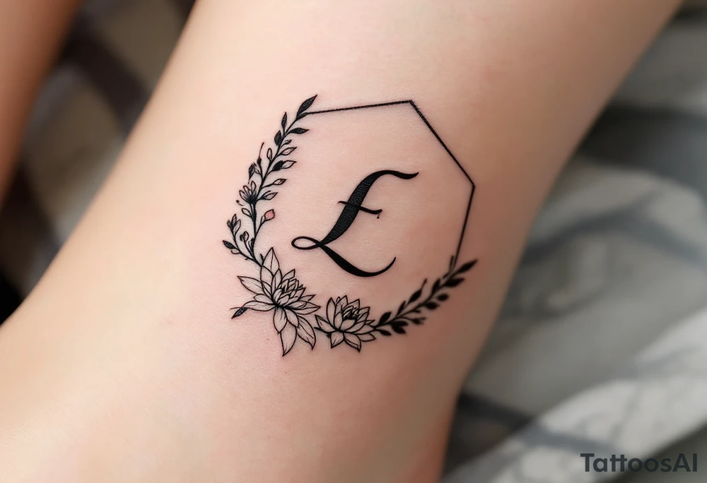 Leo symbol, larkspur and water lily surrounded by a hexagon tattoo idea