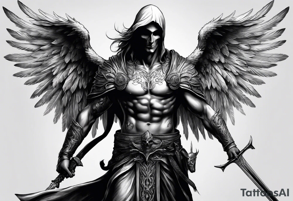 realistic full body of man angel of death, without face, holding sword tattoo idea