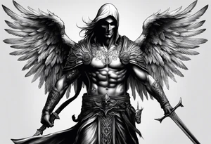 realistic full body of man angel of death, without face, holding sword tattoo idea