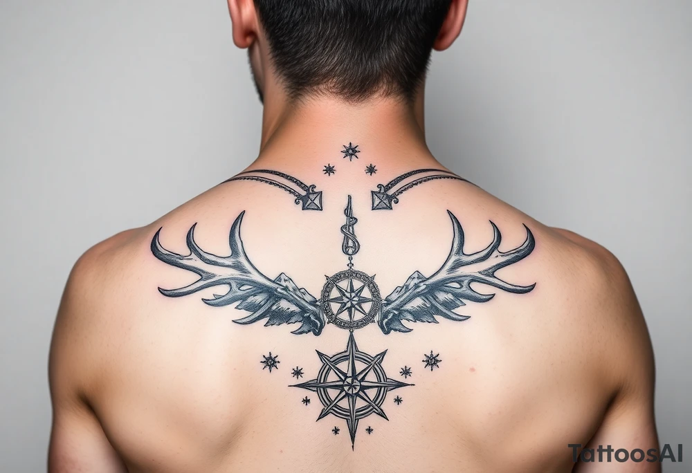 Spine tattoo of elk and deer antlers, a compass, and mountains tattoo idea