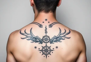 Spine tattoo of elk and deer antlers, a compass, and mountains tattoo idea