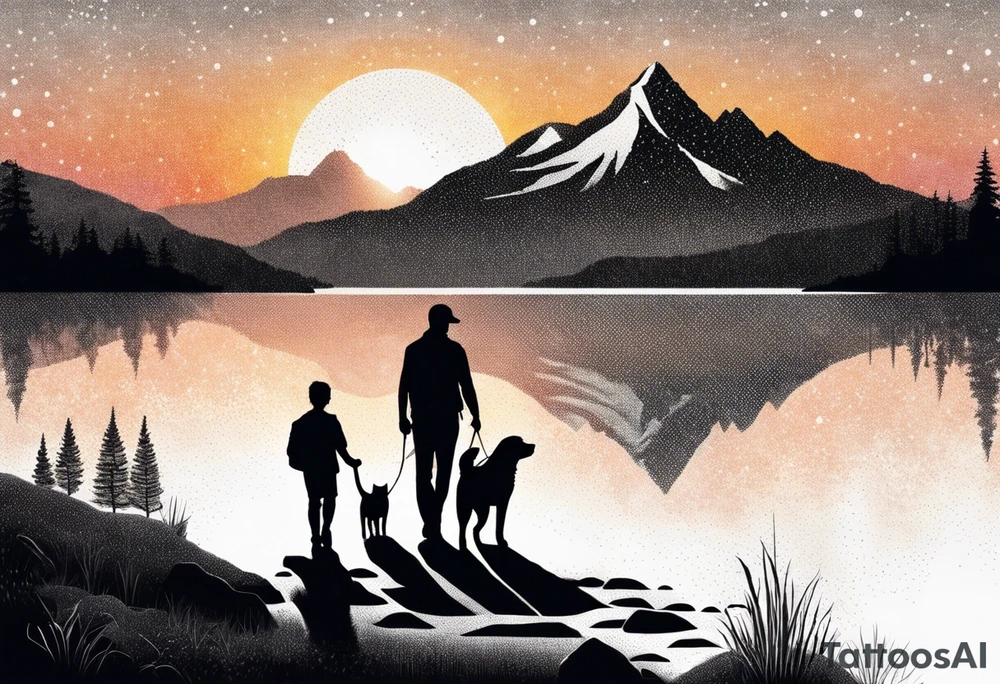 nature, sunset, mountains, a father and son hiking with their dog and cat 
by the water tattoo idea
