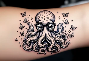 cute octopus, wearing glasses, friendly, surrounded by butterflies and oceanic items, grey ink, monochrome grey color tattoo idea