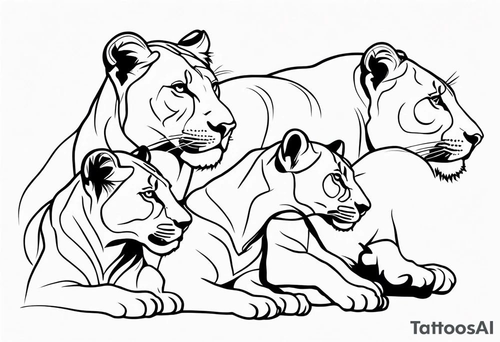 lioness sketch, with the face in a position of 3/4, with 6 cubs, black and white, lines and low amont of shadow tattoo idea