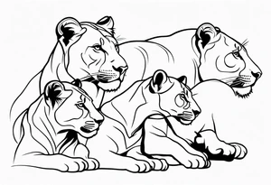 lioness sketch, with the face in a position of 3/4, with 6 cubs, black and white, lines and low amont of shadow tattoo idea