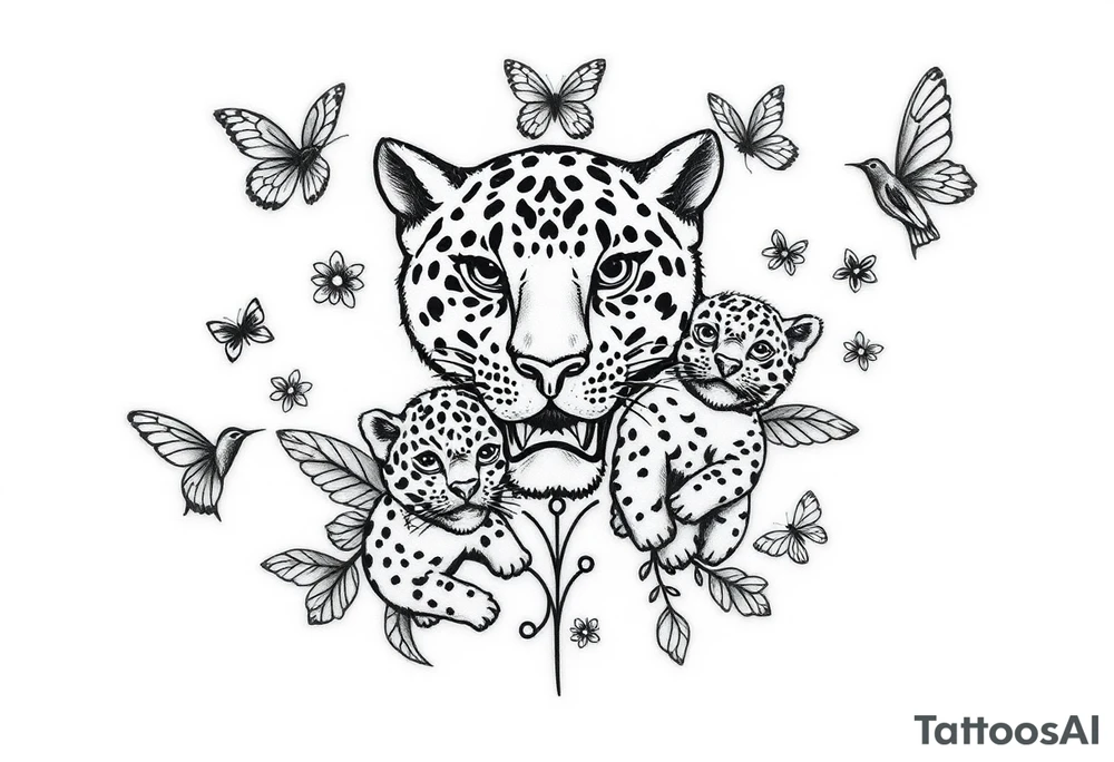 head of 3 jaguars (1 mother and 2 cubs) surrounded by butterflies and hummingbirds in new old school style tattoo idea