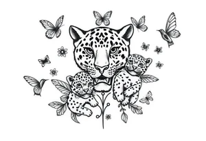 head of 3 jaguars (1 mother and 2 cubs) surrounded by butterflies and hummingbirds in new old school style tattoo idea