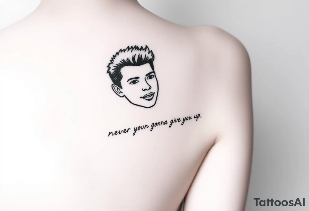 Young Rick Astley Face and Never Gonna Give You Up text tattoo idea