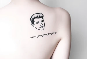 Young Rick Astley Face and Never Gonna Give You Up text tattoo idea