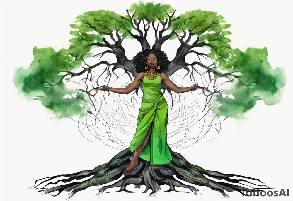 a tree trunk with roots that is a black woman from the waist up, feet made of tree roots, wearing a green tunic, arms stretched upwards towards the noon sun tattoo idea