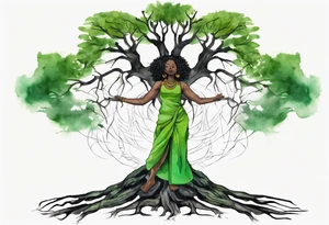 a tree trunk with roots that is a black woman from the waist up, feet made of tree roots, wearing a green tunic, arms stretched upwards towards the noon sun tattoo idea
