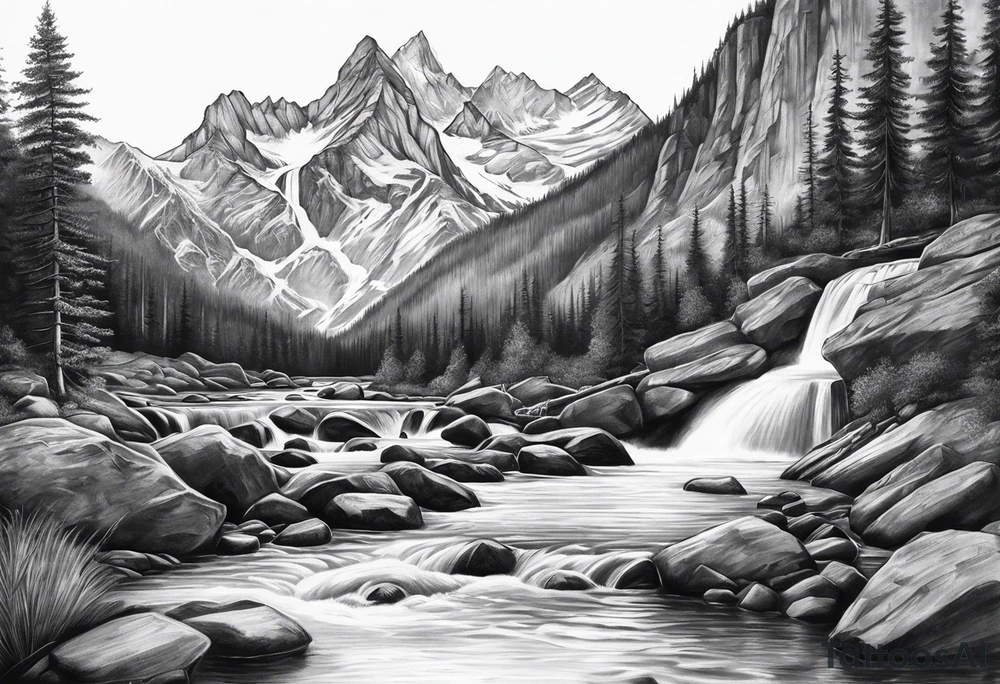 Full sleeve, mountains, river, and waterfall tattoo idea