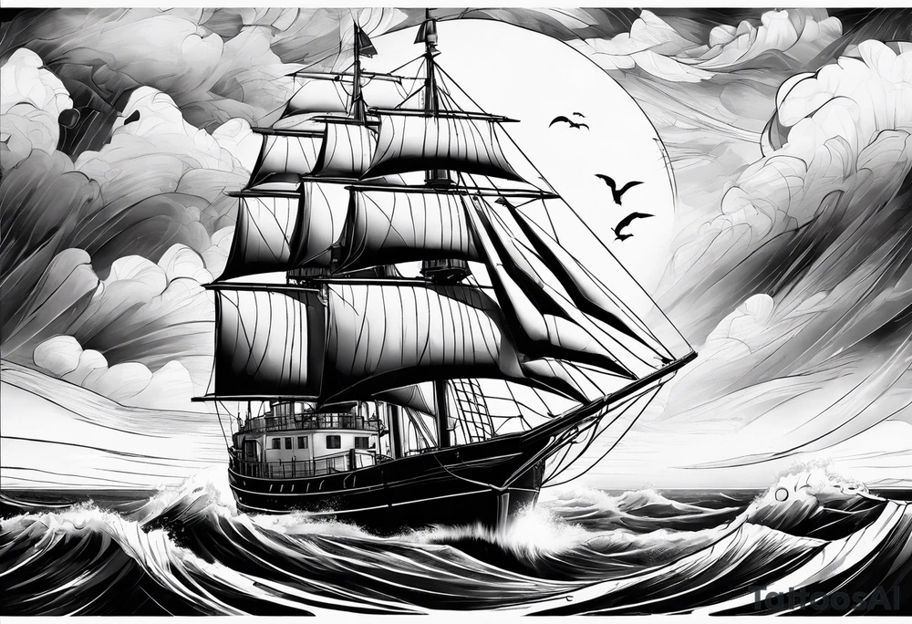 ghost marine lighthouse behind the bow of a sailboat. tattoo idea