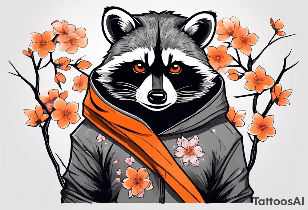 raccoon wearing a black and white Superman hoodie and orange Japanese cherry blossoms tattoo idea