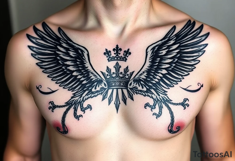 Chest tattoo,powerful two polish symetricals majestic darks eagles, surrounded by lure ornaments , between eagles a crown tattoo idea