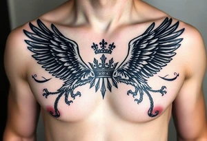 Chest tattoo,powerful two polish symetricals majestic darks eagles, surrounded by lure ornaments , between eagles a crown tattoo idea