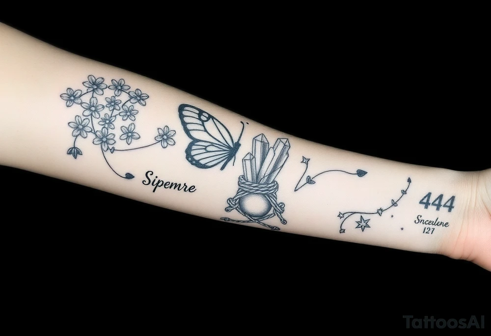 Placement: Forearm half sleeve, with forget-me-not wrapped around, with 3 butterflies placed around it. The word ‘siempre’ along the inside of the wrist around the radial pulse area. On the palm side of the wrist, there is 444 and a fine line moon and star. On the inner forearm, there are two crystals tied together with rope, with some stars dotted around it and two fine line leaf stems, and a moon above it. All tattoos in black ink. tattoo idea