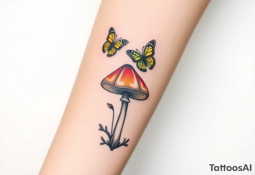 colorful 
mushroom with 2 butterflies above it on your lower inner arm tattoo idea
