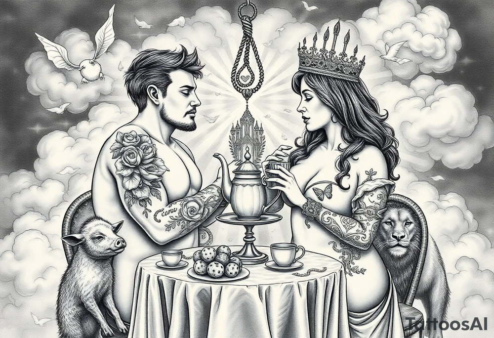 Mystical Naked Man and woman having sex eating cupcakes and  fruit  having sex clouds gothic sexy naked fat lady having a tea party with tea pot with fancy castle  
with a pigs, peacock,  lion, goat, noose and smoking cigerettes looking in the mirror thru storm clouds and broken hearts and darkness and wrath, envy , gluttony, greed, sloth, pride . Gothic tattoo idea