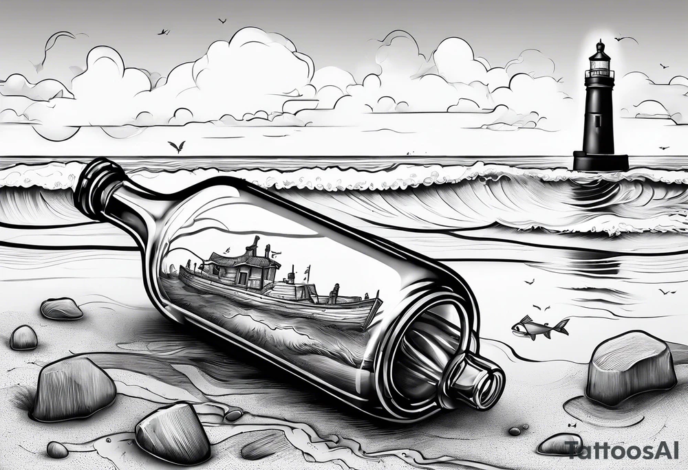 A message in a bottle. Rolled up map inside the bottle tattoo idea
