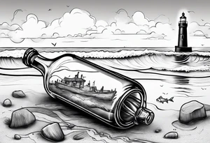 A message in a bottle. Rolled up map inside the bottle tattoo idea