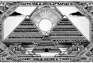 aztec sun background with pyramid in front with two aztec warrios on the left and right side of pyramid tattoo idea