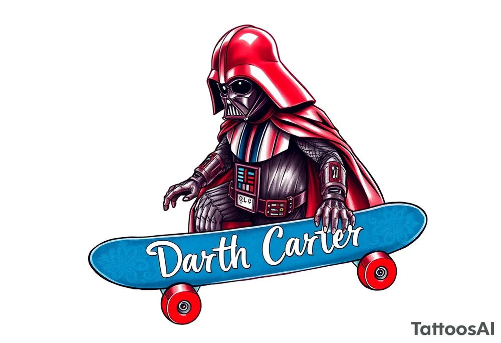 Darth Vader skateboarding >
blue & red
skateboard say "Darth Carter"
12/29/88-01/06/24 tattoo idea
