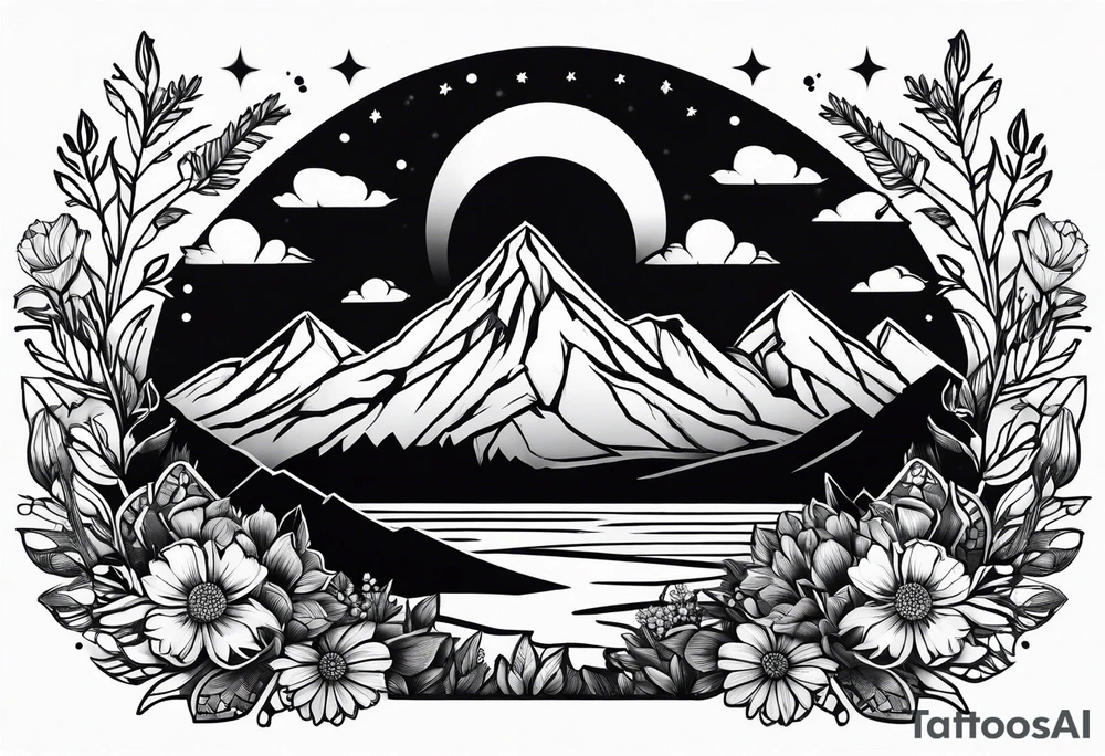 mountains, sun, wildflowers tattoo idea