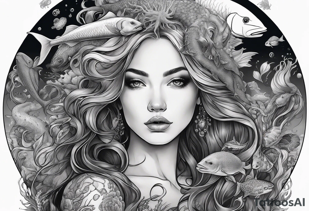 Full-body portrait of an ethereal woman of the sea surrounded by deep sea creatures. tattoo idea