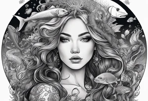 Full-body portrait of an ethereal woman of the sea surrounded by deep sea creatures. tattoo idea