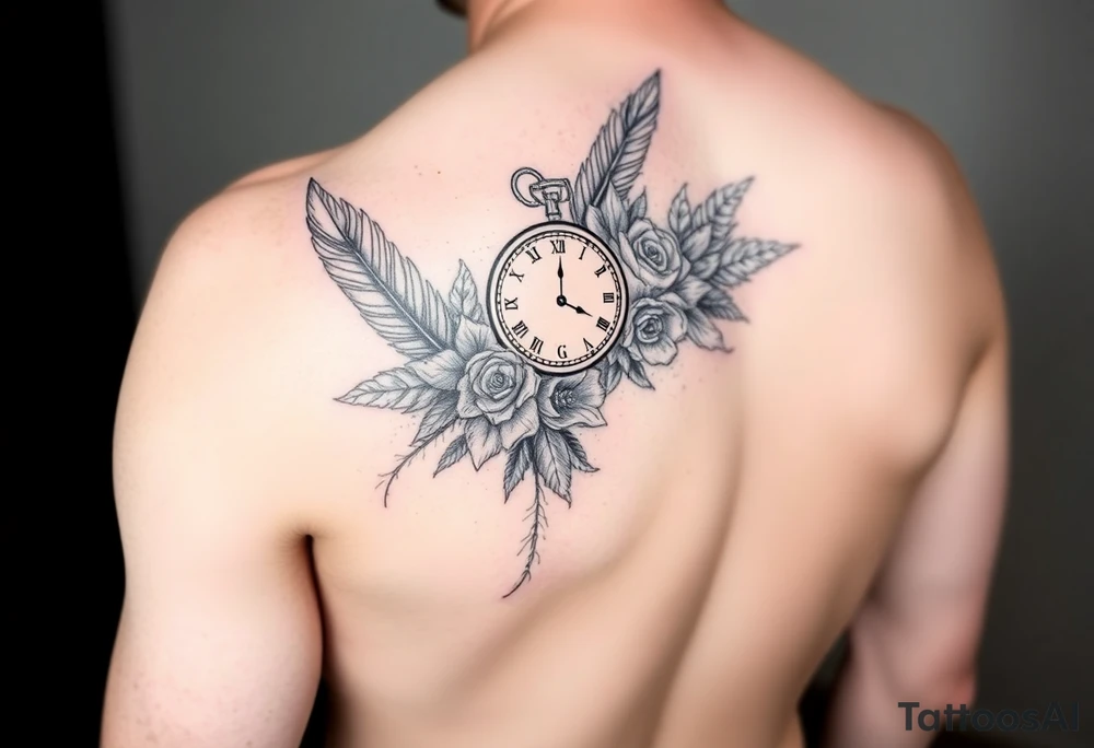 In memory of daddy feathers 
and roses with clocks tattoo idea