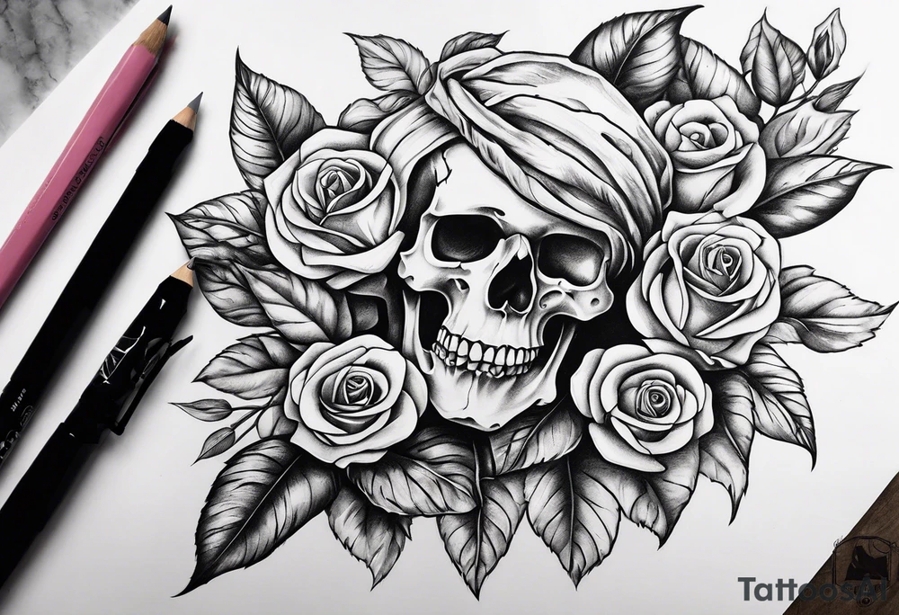 Un pilier romain, un crâne, des roses, un couteau pour l'avant bras tattoo idea