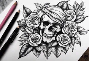 Un pilier romain, un crâne, des roses, un couteau pour l'avant bras tattoo idea