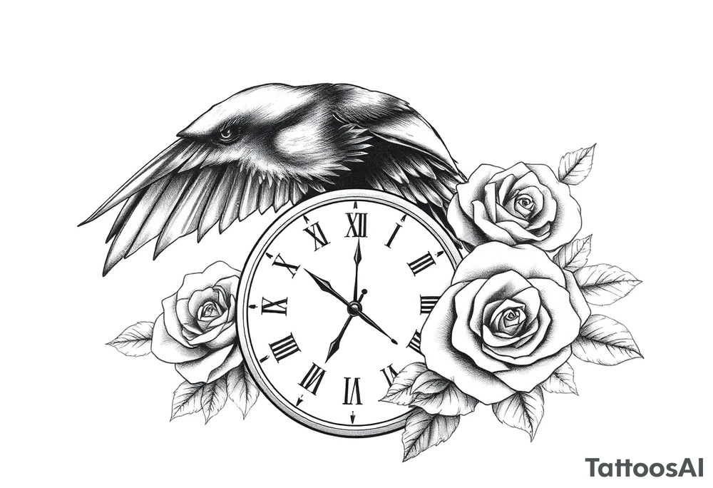raven,roses,clock. tattoo idea