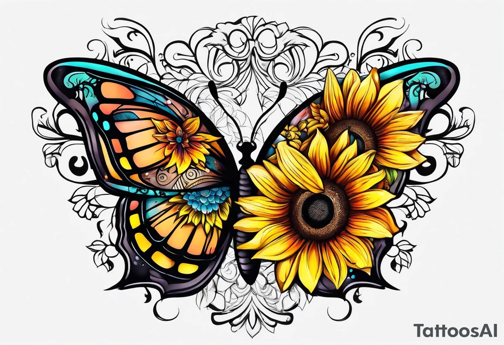 Half butterfly half sunflower tattoo idea