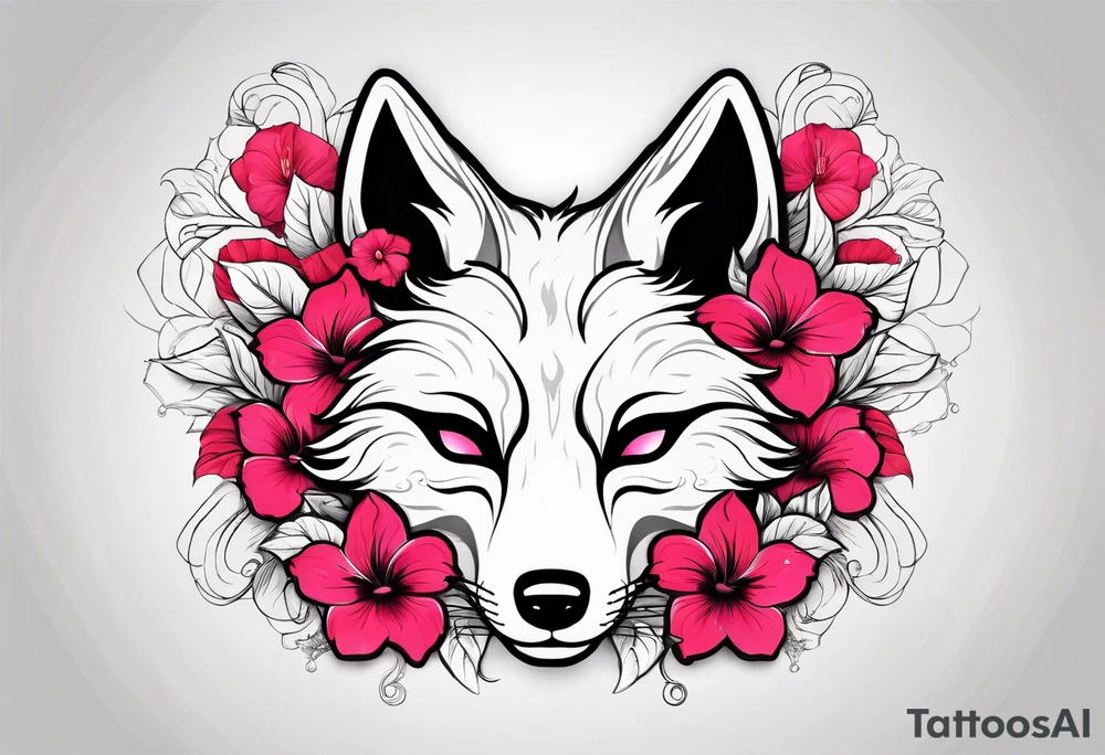 White fox mask with red accents and pink hibiscus flowers tattoo idea