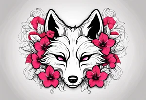 White fox mask with red accents and pink hibiscus flowers tattoo idea