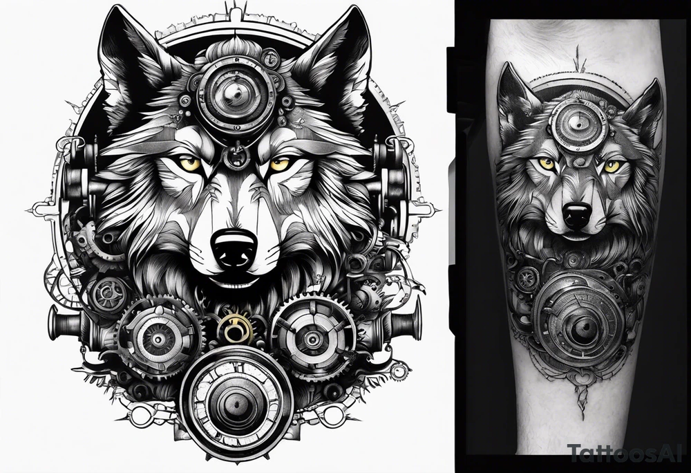 Powerful wolf powered by an engine featuring an "steampunk desing" in the image appears a psiton and a turbo, also the dseign must be vertical tattoo idea