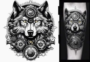 Powerful wolf powered by an engine featuring an "steampunk desing" in the image appears a psiton and a turbo, also the dseign must be vertical tattoo idea